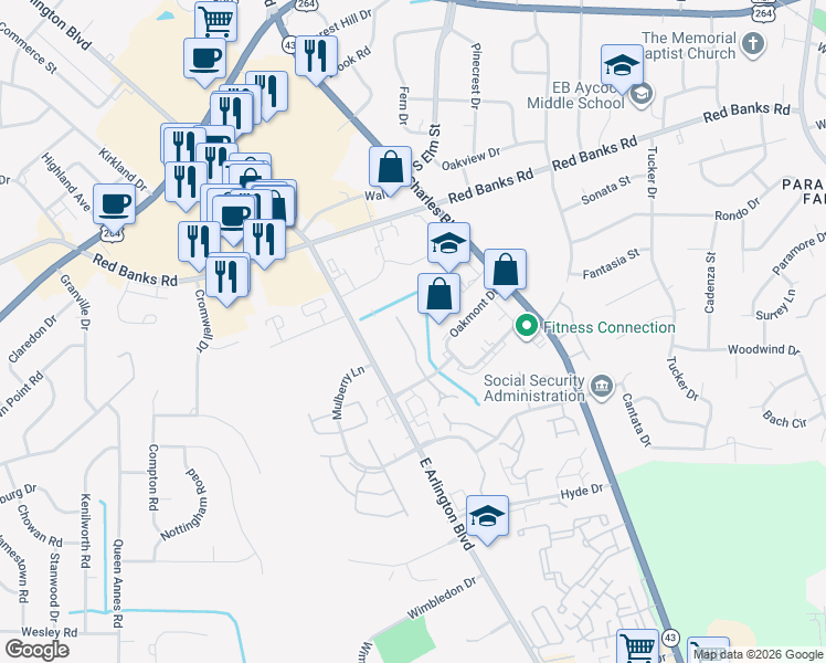map of restaurants, bars, coffee shops, grocery stores, and more near 1115 Turtle Creek Road in Greenville