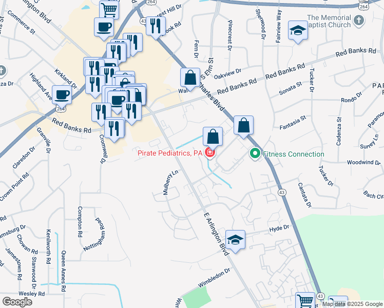 map of restaurants, bars, coffee shops, grocery stores, and more near 1115 Turtle Creek Road in Greenville