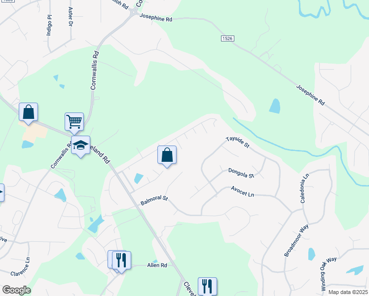 map of restaurants, bars, coffee shops, grocery stores, and more near 123 Blackthorne Court in Clayton