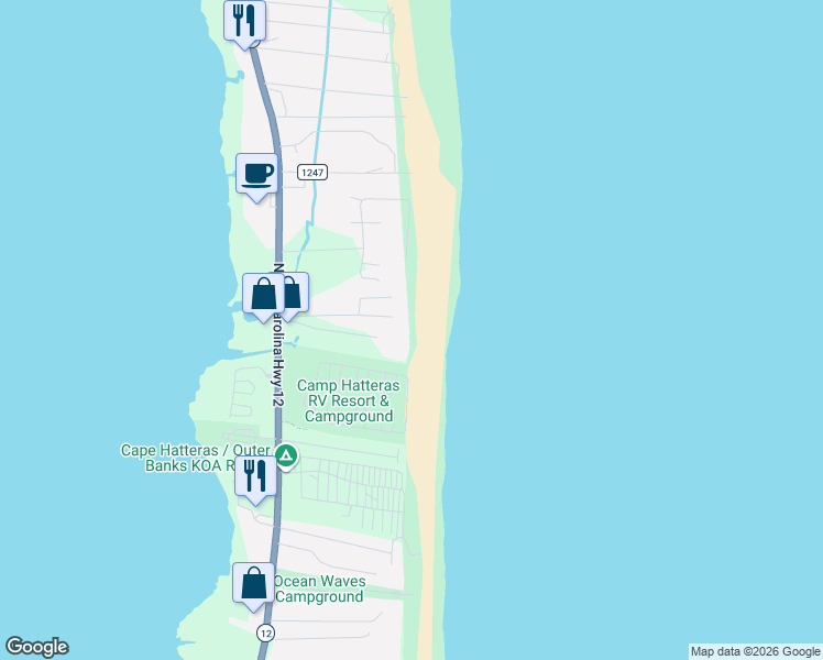 map of restaurants, bars, coffee shops, grocery stores, and more near 24255 South Shore Drive in Dare County