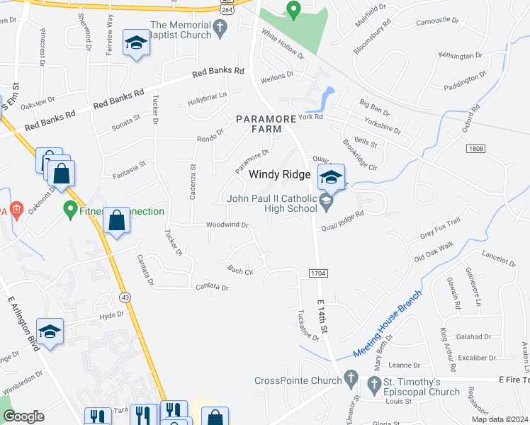 map of restaurants, bars, coffee shops, grocery stores, and more near 1679 Scarborough Road in Greenville