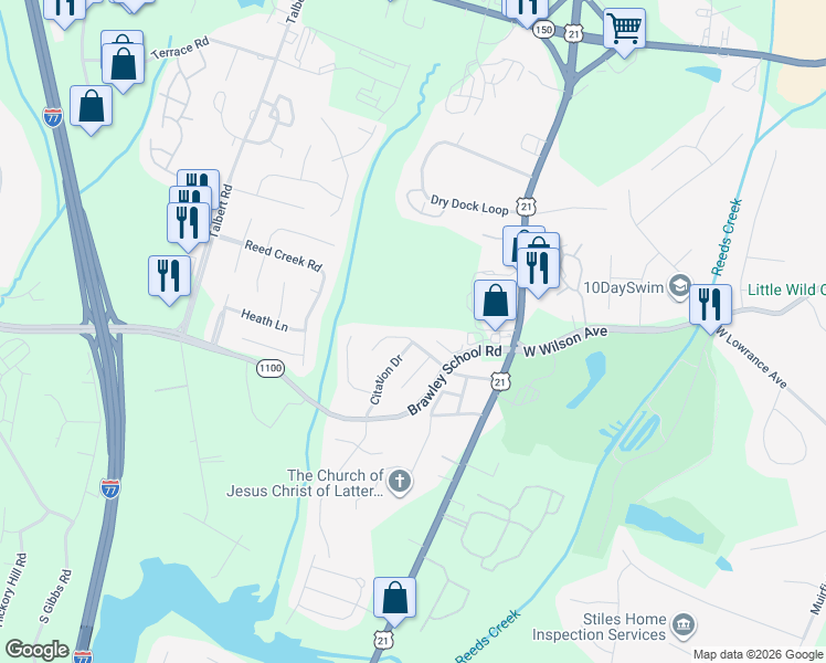 map of restaurants, bars, coffee shops, grocery stores, and more near 124 Roundkeep Lane in Mooresville