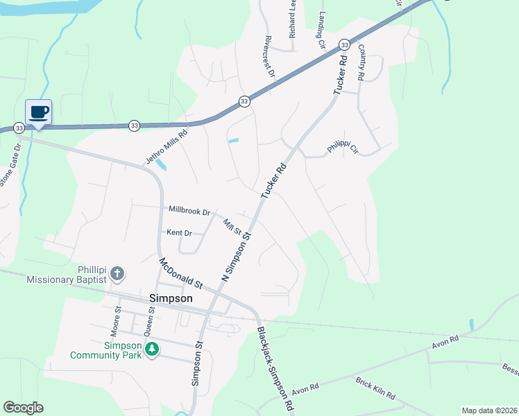 map of restaurants, bars, coffee shops, grocery stores, and more near 302 Simpson Street in Grimesland