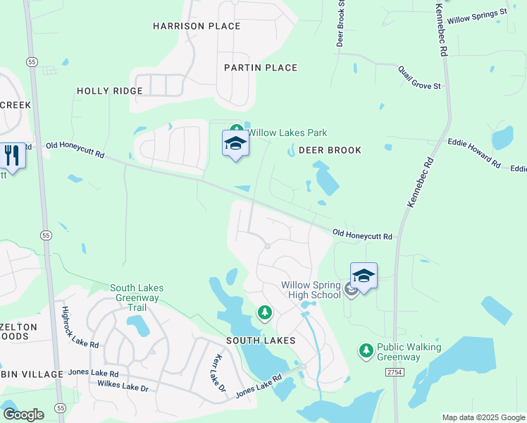 map of restaurants, bars, coffee shops, grocery stores, and more near 305 Lake Lure Way in Fuquay-Varina