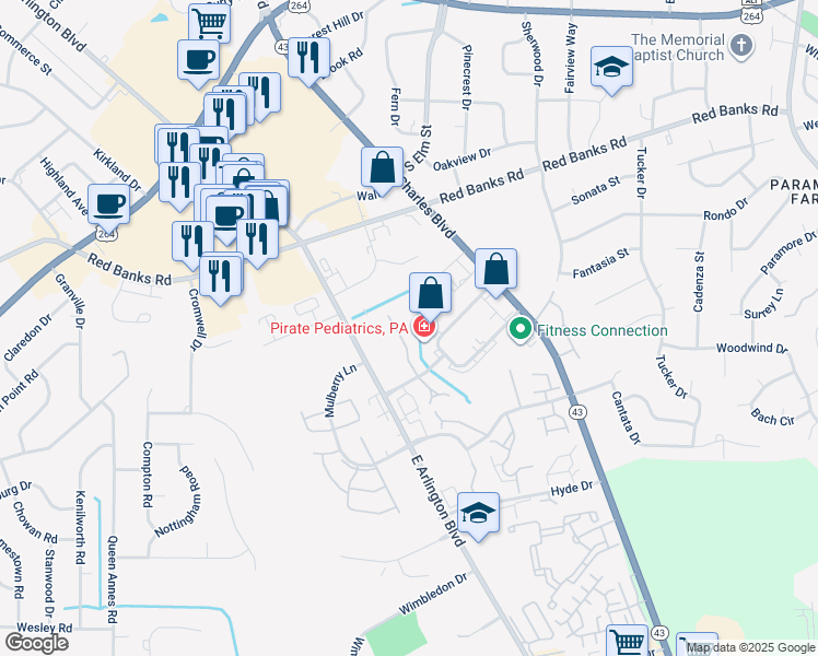 map of restaurants, bars, coffee shops, grocery stores, and more near 1115 Turtle Creek Road in Greenville