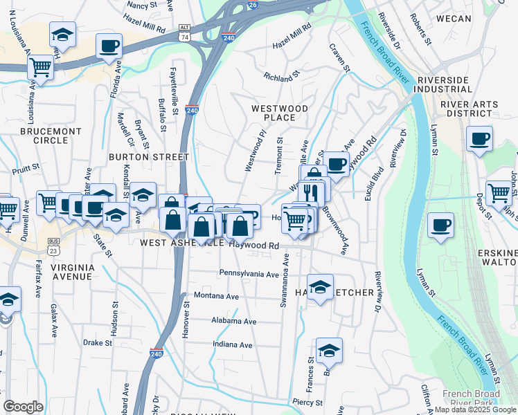 map of restaurants, bars, coffee shops, grocery stores, and more near 249 Waynesville Avenue in Asheville