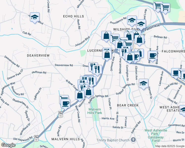 map of restaurants, bars, coffee shops, grocery stores, and more near 28 Deaverview Road in Asheville