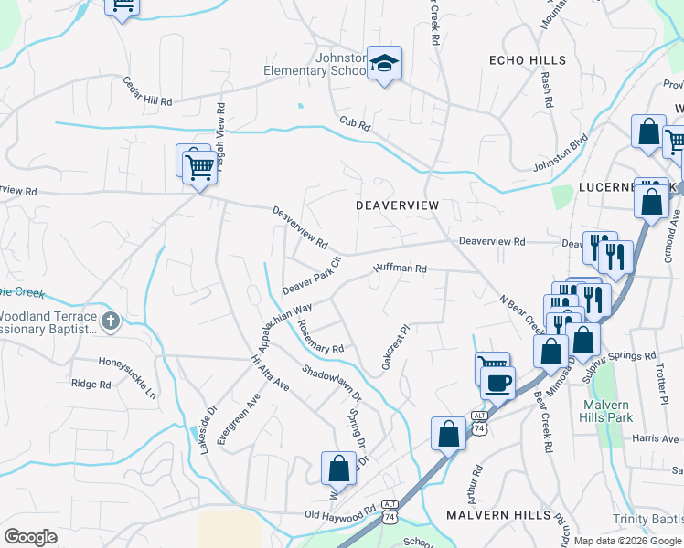 map of restaurants, bars, coffee shops, grocery stores, and more near 342 Deaverview Road in Asheville