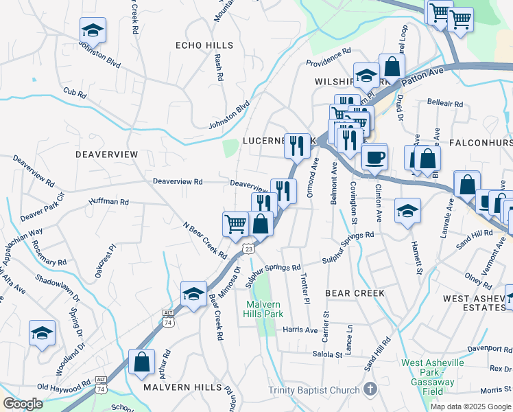 map of restaurants, bars, coffee shops, grocery stores, and more near 28 Deaverview Road in Asheville