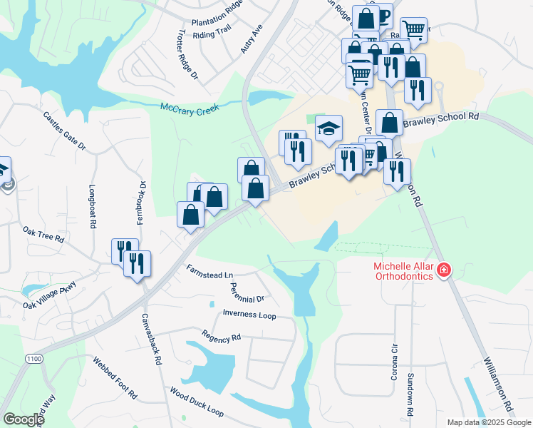 map of restaurants, bars, coffee shops, grocery stores, and more near Charleston Drive in Mooresville
