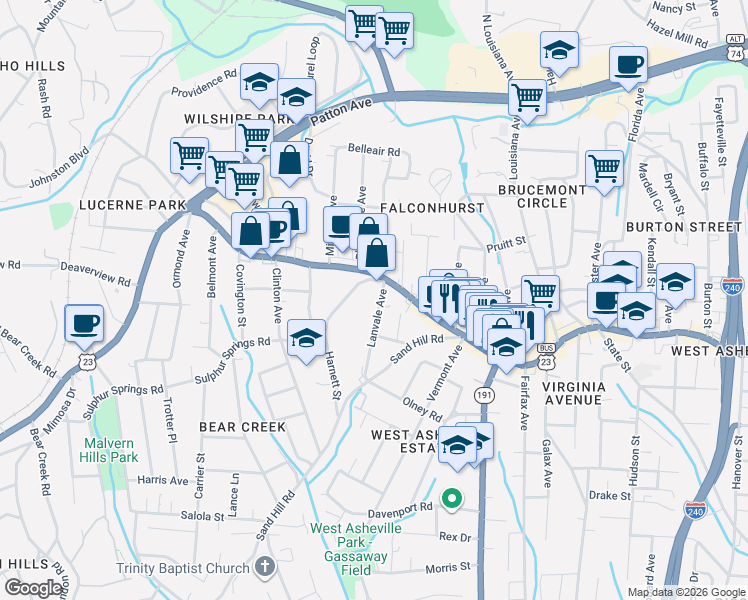 map of restaurants, bars, coffee shops, grocery stores, and more near 864 Haywood Road in Asheville