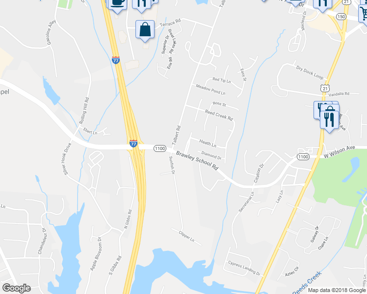 map of restaurants, bars, coffee shops, grocery stores, and more near 108 Winghaven Court in Mooresville