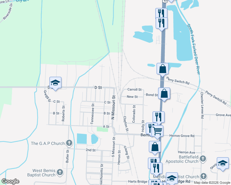 map of restaurants, bars, coffee shops, grocery stores, and more near 220 North Missouri Street in Jackson
