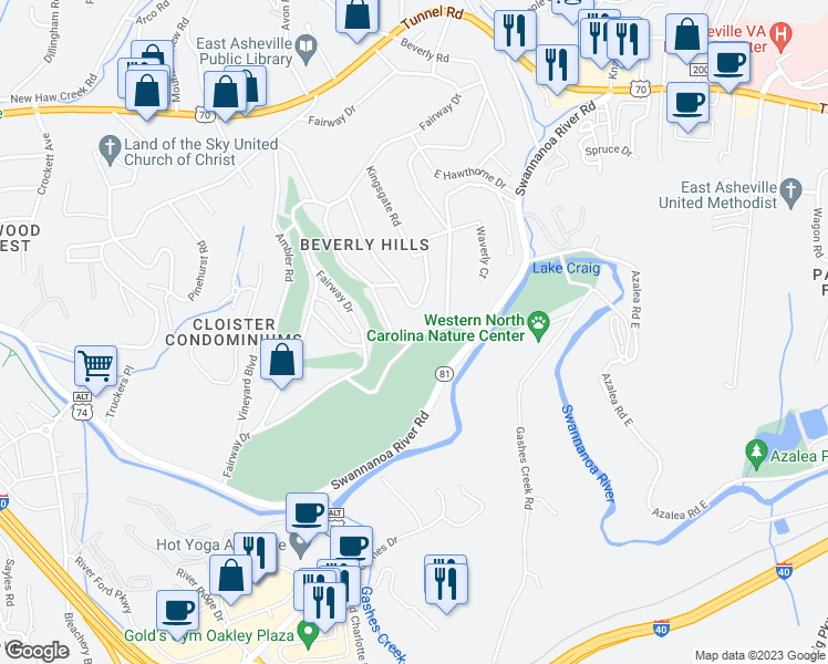 map of restaurants, bars, coffee shops, grocery stores, and more near 60 Kensington Drive in Asheville