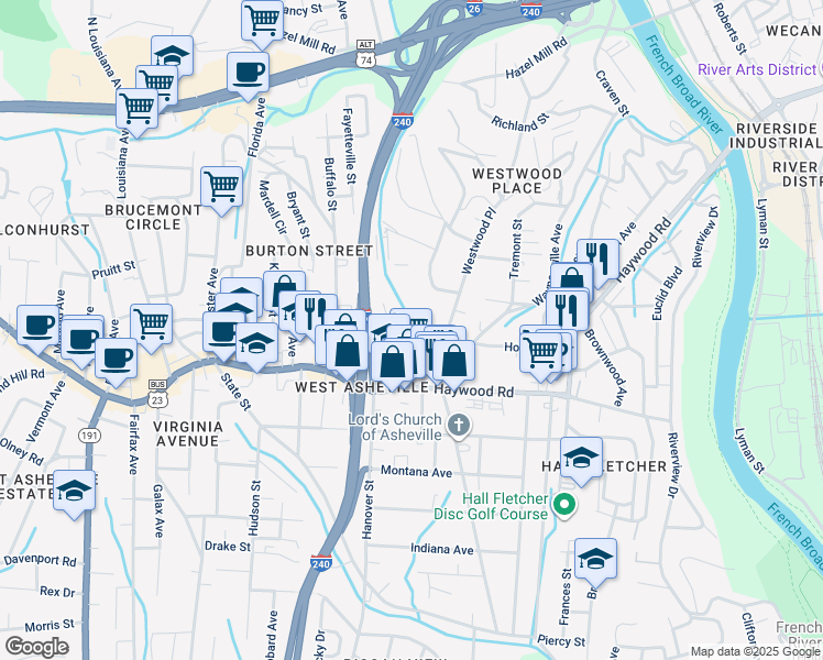 map of restaurants, bars, coffee shops, grocery stores, and more near 55 Argyle Lane in Asheville