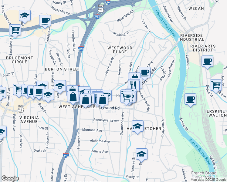map of restaurants, bars, coffee shops, grocery stores, and more near 244 Waynesville Avenue in Asheville