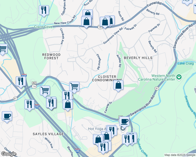 map of restaurants, bars, coffee shops, grocery stores, and more near 1905 Abbey Circle in Asheville