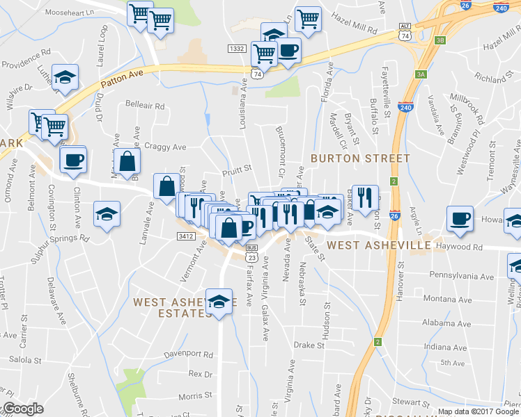 map of restaurants, bars, coffee shops, grocery stores, and more near 46 Louisiana Avenue in Asheville