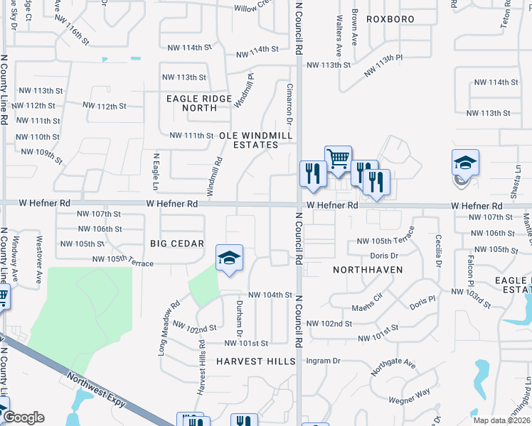 map of restaurants, bars, coffee shops, grocery stores, and more near 8302-8998 West Hefner Road in Oklahoma City