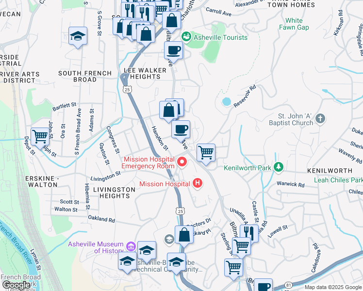 map of restaurants, bars, coffee shops, grocery stores, and more near 445 Biltmore Avenue in Asheville