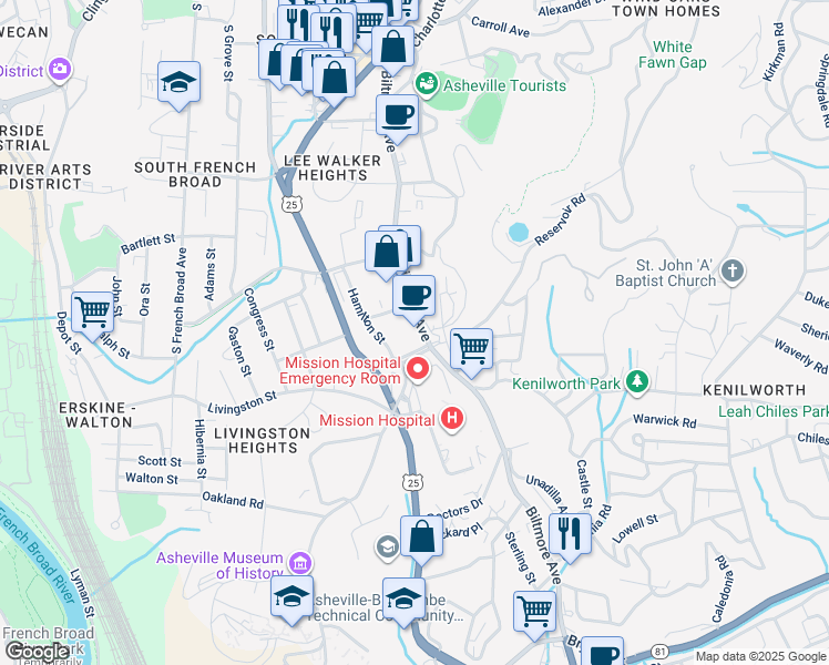 map of restaurants, bars, coffee shops, grocery stores, and more near 445 Biltmore Avenue in Asheville