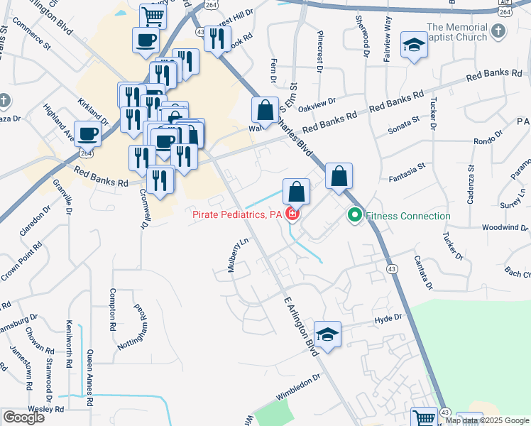 map of restaurants, bars, coffee shops, grocery stores, and more near 1117 Turtle Creek Road in Greenville