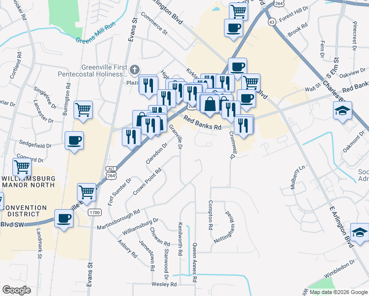map of restaurants, bars, coffee shops, grocery stores, and more near 205 Granville Dr in Greenville