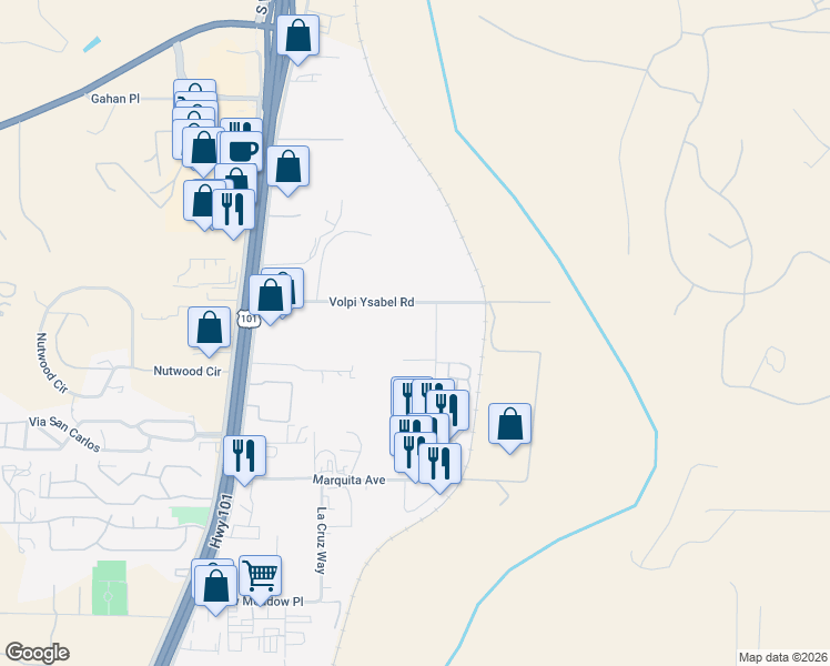 map of restaurants, bars, coffee shops, grocery stores, and more near 2717 Concrete Court in Paso Robles