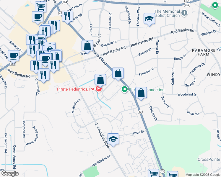 map of restaurants, bars, coffee shops, grocery stores, and more near 109 Oakmont Drive in Greenville