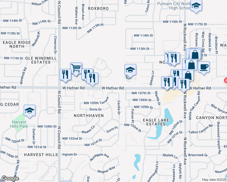 map of restaurants, bars, coffee shops, grocery stores, and more near 7515 Northwest 107th Street in Oklahoma City