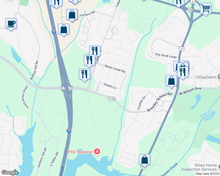map of restaurants, bars, coffee shops, grocery stores, and more near 140 Heath Lane in Mooresville