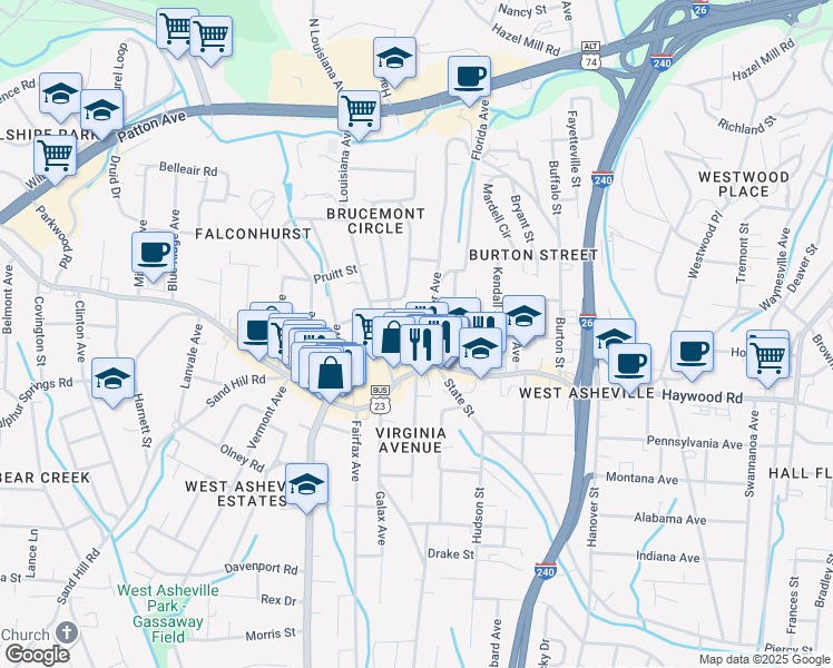 map of restaurants, bars, coffee shops, grocery stores, and more near 8 Hickory Terrace in Asheville