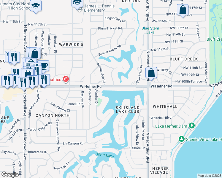 map of restaurants, bars, coffee shops, grocery stores, and more near 6336 West Hefner Road in Oklahoma City