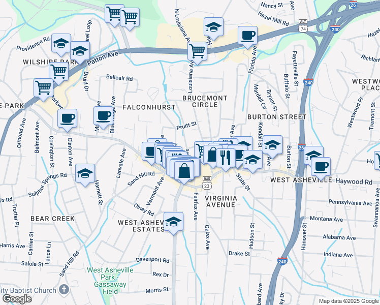 map of restaurants, bars, coffee shops, grocery stores, and more near 61 Dunwell Avenue in Asheville