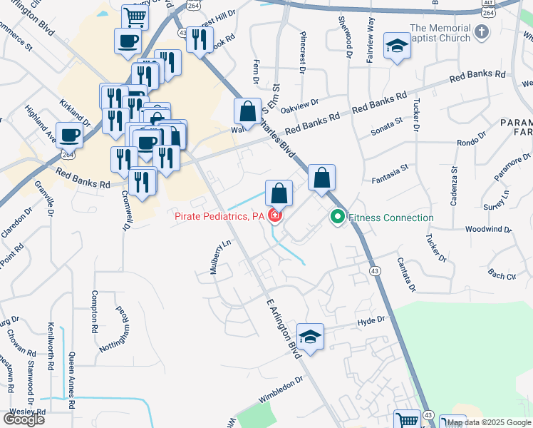 map of restaurants, bars, coffee shops, grocery stores, and more near 1115 Turtle Creek Road in Greenville
