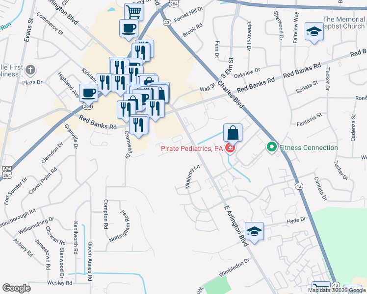 map of restaurants, bars, coffee shops, grocery stores, and more near 11 Merry Lane in Greenville