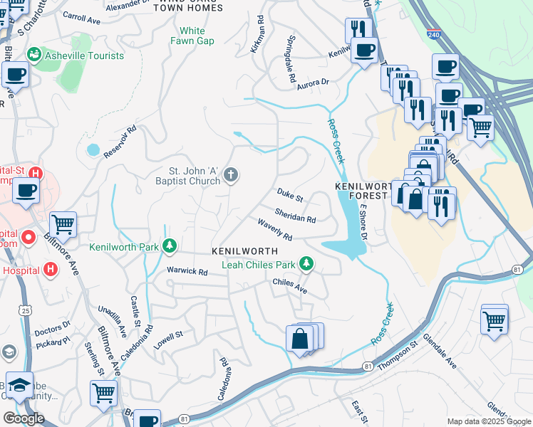 map of restaurants, bars, coffee shops, grocery stores, and more near 15B Sheridan Road in Asheville