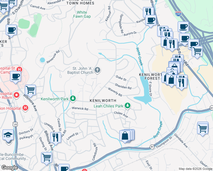 map of restaurants, bars, coffee shops, grocery stores, and more near 252 Kenilworth Road in Asheville