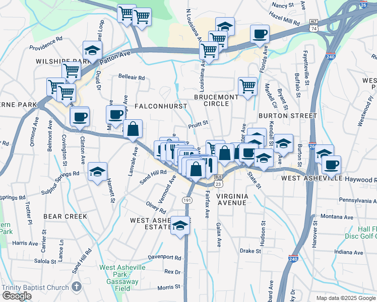 map of restaurants, bars, coffee shops, grocery stores, and more near 53 Herron Avenue in Asheville