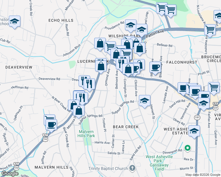 map of restaurants, bars, coffee shops, grocery stores, and more near 82 Ormond Avenue in Asheville