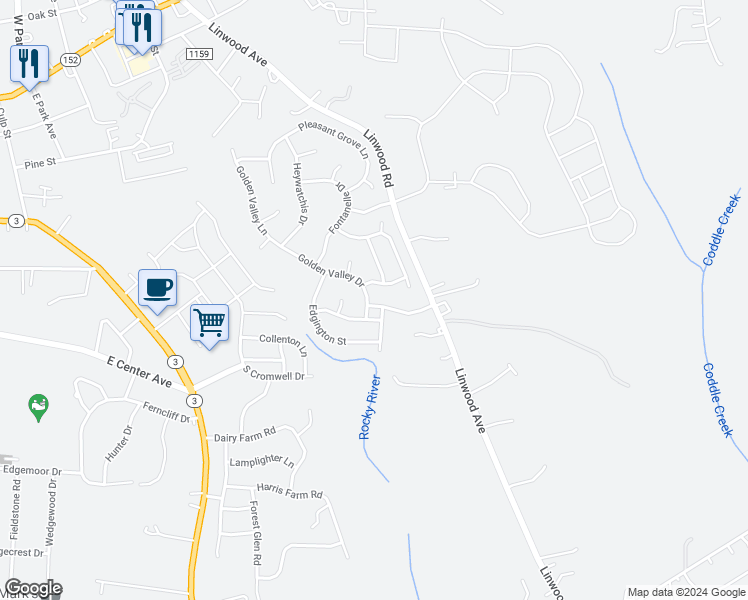 map of restaurants, bars, coffee shops, grocery stores, and more near 112 Golden Valley Drive in Mooresville