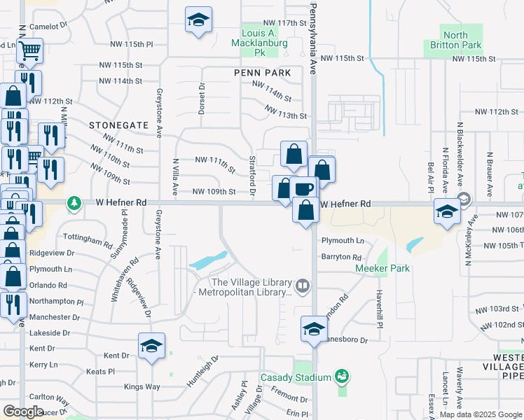 map of restaurants, bars, coffee shops, grocery stores, and more near 2200 West Hefner Road in The Village