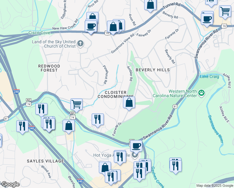 map of restaurants, bars, coffee shops, grocery stores, and more near 2700 Saint Augustine Place in Asheville