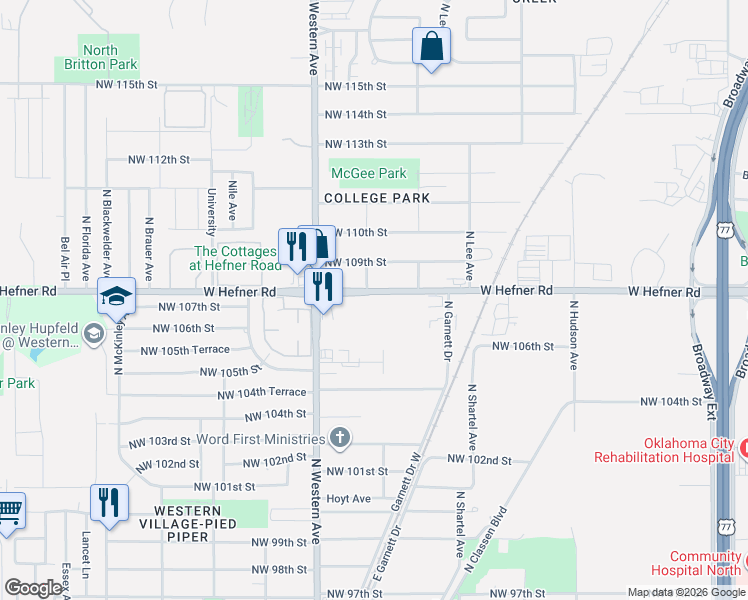 map of restaurants, bars, coffee shops, grocery stores, and more near 807 West Hefner Road in Oklahoma City