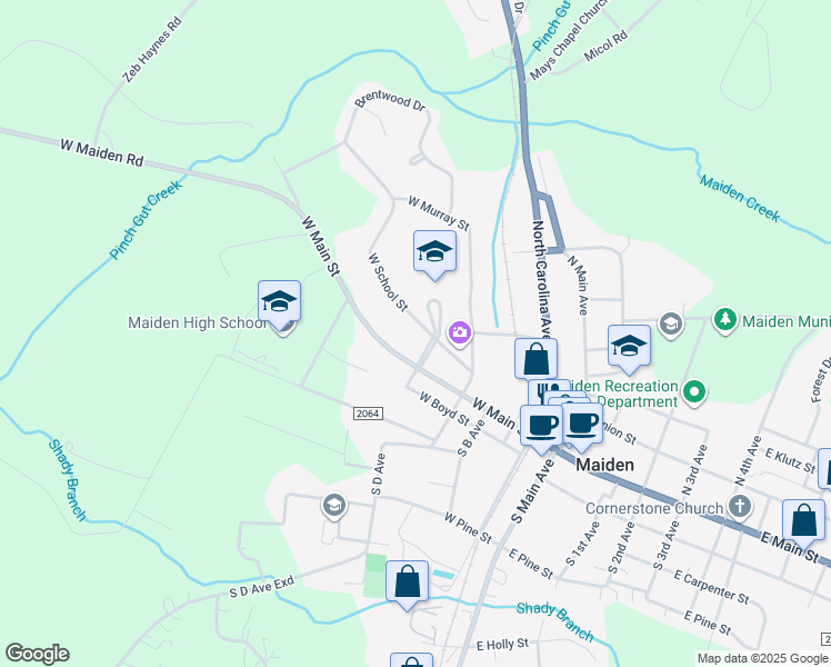 map of restaurants, bars, coffee shops, grocery stores, and more near 502 W School St in Maiden