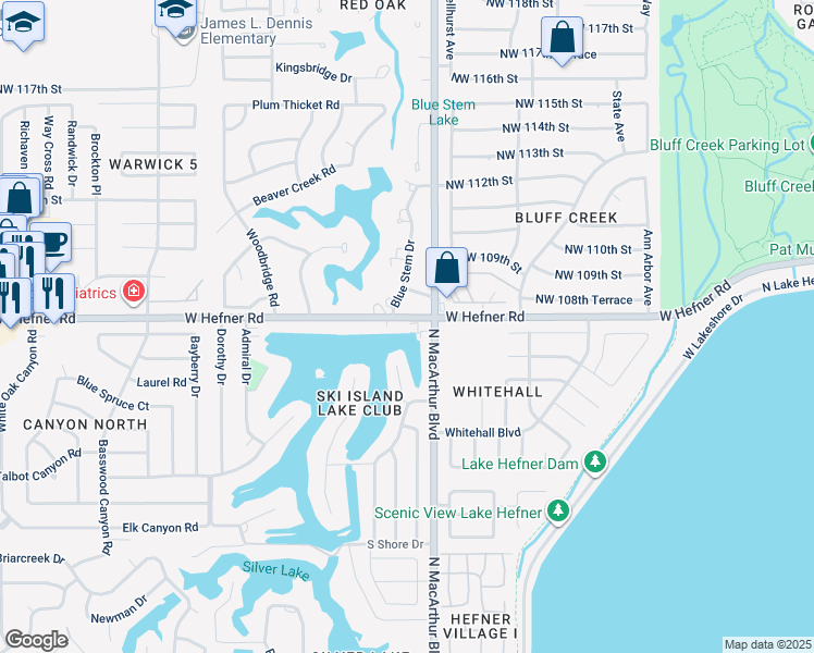 map of restaurants, bars, coffee shops, grocery stores, and more near 5916 West Hefner Road in Oklahoma City