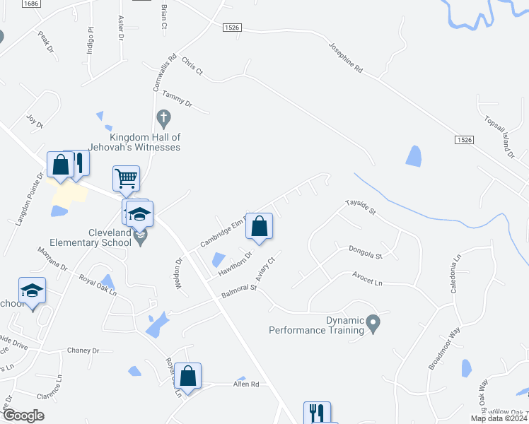 map of restaurants, bars, coffee shops, grocery stores, and more near 303 Whitehall Court in Clayton