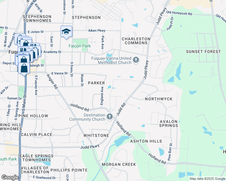 map of restaurants, bars, coffee shops, grocery stores, and more near 636 Barneswyck Drive in Fuquay-Varina