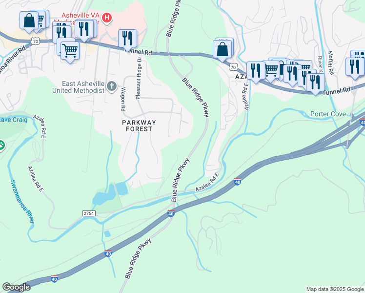 map of restaurants, bars, coffee shops, grocery stores, and more near 11 Sourwood Lane in Asheville
