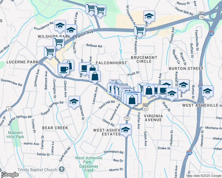 map of restaurants, bars, coffee shops, grocery stores, and more near 11 Oakwood Street in Asheville